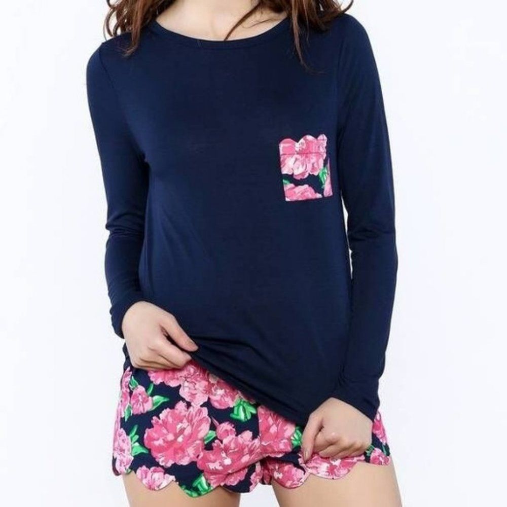 NWOT Mud Pie Women's Floral Scalloped Pajama Set in Navy/Pink • Small